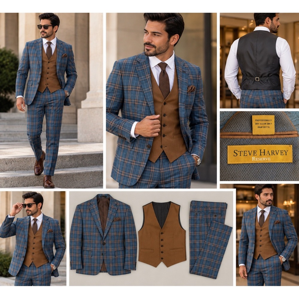 Steve Harvey Reserve Mens Blue Tan Plaid Blazer Vest Set 40R 34W Two Button Suit